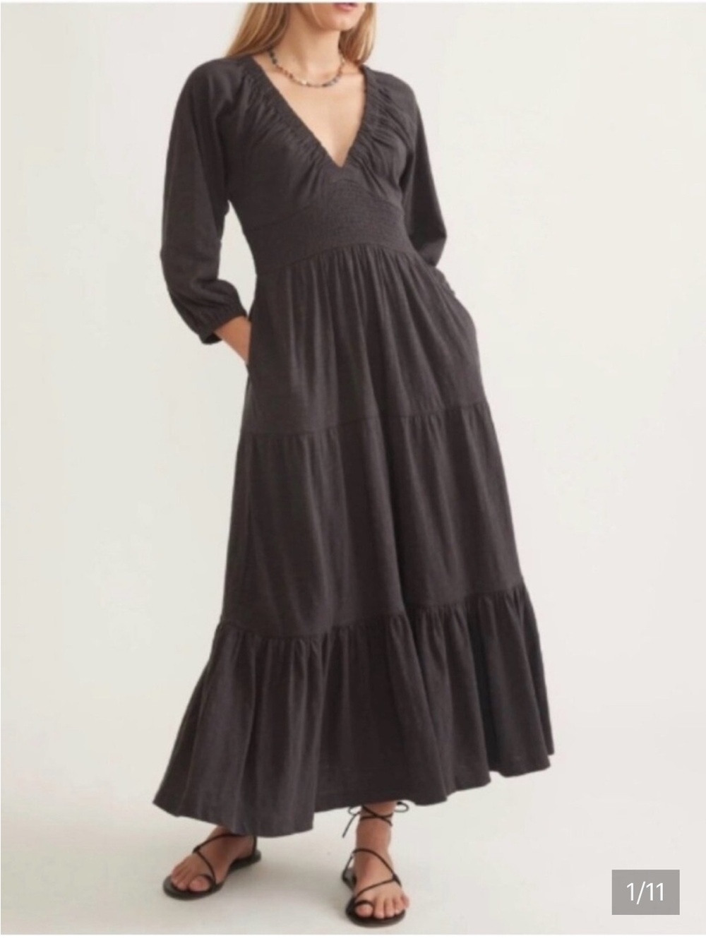 Marine Layer Florence Dress Charcoal V-Neck Smocked Waist Maxi Size L